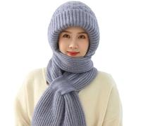 Integrated Ear Protection Windproof Cap Scarf，Plus Velvet Thick Winter Knitted Hat, Women Knitted Hat Scarf Set Winter Warm Thicken，Scarf hat of Outdoor Ski Snowboard Cycle for Women (Grey)