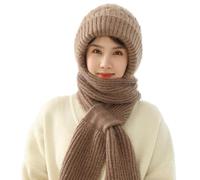 Integrated Ear Protection Windproof Cap Scarf,Winter Warm Knitted Hat Scarf,2 in 1 Windproof Knitting Thick Warm Ear Guard Hat for Women,Plus Velvet Warm Ear Guard Hat,Beanie Hat Scarf (Khaki)