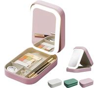 Integrated Makeup Storage Box with Light-Filling Mirror, 3 Colors Modes Makeup Bag, LED Complementary Light Cosmetic Case Makeup Touch-ups, Cosmetic Storage, Folding Case (Pink)