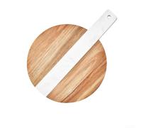Integrated Marble Wooden Cutting Board Round Charcuterie Cheese Serving Plate With Handle For Kitchen Food Prep Brown Color Large Size 36.5cm(A)