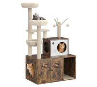 Integrated Wooden Cat Tree Tower with Hidden Litter Box Enclosure - Multi-Level Cat Condo with Soft Perch, Hammock, Basket & Sisal Scratching Posts -Cat Furniture for Indoor Cats - Classic Brown