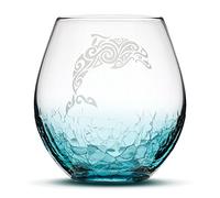 Integrity Bottles Sand Carved Stemless Wine Glass, Hammerhead Shark, Bubbly Turquoise, Handblown, Tribal Hawaiian Design, Etched Gifts Crackle Teal Dolphin