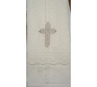 Integrity Designs Cotton Terrycloth Baptism/Christening Towel, White with Silver Cross, 100% Cotton, 100% cotton lace trim, 16 x 30 Inch Size, Quantity of 1 per Package