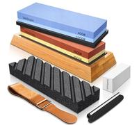 Intelitopia Complete Knife Sharpening Stone Set - Dual Grit Whetstone 400/1000 3000/8000 Knife Sharpener with Leather Strop, Flattening Stone, Bamboo Base, 3 Non-Slip Rubber Bases & Angle Guide