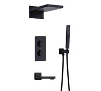 Intelligent Constant Temperature Black Brass Concealed Set into The Wall Type Booster Nozzle Waterfall with Handheld, Luxury Set,B