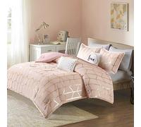 Intelligent Design Cozy Raina Comforter Set - 5 PC - Pink/Blush - Glam Metallic Gold Geometric Print Over Pink/Blush Hypoallergenic Microfiber Brushed - King/Cal King - 1 Comforter, 2 Shams, 2 Pillows