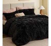 Intelligent Design Malea 3 Piece Shaggy Faux Fur Comforter Set Solid Plush Double Sided Box Design Modern Casual All Season Quilt Bedding with Matching Sham, Full/Queen, Black