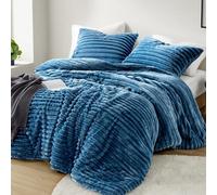 Intelligent Design Queen Comfoter Set, Cozy Plush Bedding Set, Microfiber Reverse, 3 Piece, Lightweight Ribbed Velvet Comforter and 2 Shams, All Season Fluffy Bed Set, Avril, Full/Queen Blue
