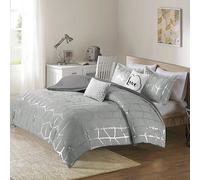Intelligent Design Raina Full/Queen Comforter Set, Soft Microfiber Comforter Set Queen, Modern Geometric Metallic Bed Set, 5 Pieces College Bedding Comforter Set with 2 Shams, 2 Toss Pillows Grey
