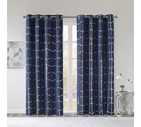 Intelligent Design Raina Total Blackout Metallic Print Grommet Top Single Window Curtain Panel Thermal Insulated Light Blocking Drape for Bedroom Living Room and Dorm, 50x84, Navy/Silver 1 Piece