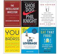 Intelligent Investor, Shoe Dog, 10% Happier, You Are a Badass, Life Leverage, Eat That Frog 6 Books Collection Set