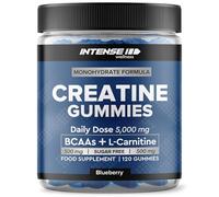 INTENSE Wellness Creatine Monohydrate Gummies 5000mg - Sugar Free Vegan Pre Workout Chews - BCAAs 500mg, L-Carnitine 500mg - Gym Supplement for Men and Women, Blueberry, 120 Count
