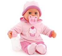 Bayer Design 93816AA Interactive baby doll, soft body, baby sounds, closing eyes, pacifier, bottle, 15 inch, pink with cupcake