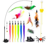 Interactive Cat Feather Toys,14Pcs Durable Fishing Pole Cats Feathers Toy Replacements,Enhanced Suction Cup Cats Wand Toy, Door Hanging Cat String Toys for Indoor Kitten