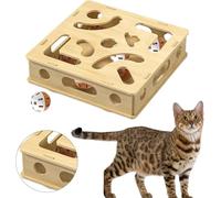 Interactive Cat Scratch Puzzle Box for Indoor, Cat Puzzle Enrichment Maze Interactive Puzzle Toy with Bell, Wooden Scratching Box for Stress Relief Play Home Alone Indoors (Beige)