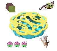 Interactive Cat Scratch Puzzle Box with Balls, 3 Bell Balls, Enrichment Activity Center Toy with Felt Maze & Nail File for Indoor Cats Yellow-Blue Circular