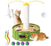 Interactive Cat Toys Box,Cat Scratching Post with Rotating Teaser Wand,Teasing Box,with Hanging Balls and Feathers,4 Bell Balls,2 Mouse Tails,Cats Puzzle Toy,14in for Kittens or Smaller Cats