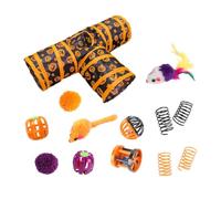 Interactive Cat Toys Set Bell Ball Entice Kitten Toy, Foldable Tunnel | Toy Interactive Halloween 3 Way Hole Tunnel, Fluffy Wand, Ball, Spring Mice, for Indoor Cats Kittens Pets Furry Friends