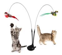 Interactive Cat Wand Toy with Feather Bird & Suction Cup, Teaser Toy for Indoor Cats to Stimulate Hunting Instinct and Exercise