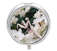 Interactive Orchid Mantis Pill Box 3 Compartment Round Metal Pill Organizer Portable Mini Travel Medicine Case with Mirror Cute Medicine Container Holder for Pocket Purse