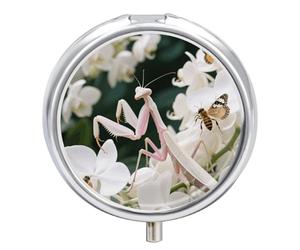 Interactive Orchid Mantis Pill Box 3 Compartment Round Metal Pill Organizer Portable Mini Travel Medicine Case with Mirror Cute Medicine Container Holder for Pocket Purse