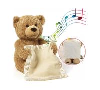Interactive P Boo Teddy Bear Plush, Foot-Activated Blanket Lift, Little Bear Early Learning Doll, Brown