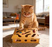 Interactive Wooden Cat Toy Box with Balls & Teaser Wand - Stimulating Indoor Puzzle Maze for Cats, Encourages Hunting & Play, Durable Wood Design for Indoor Cats