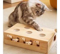 Interactive Wooden Whack-a-Mole Toy for Cats, 5-Hole Cat Enrichment Puzzle Box with Toy Mice, Indoor Cat Game for Hunting Training Scratching, for Adult Cats