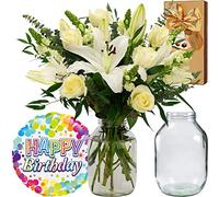 InterBloom | The Grace - Next Day Large White Lily and Rose Beautiful Fresh Flower Bouquet with a Birthday Balloon, Hamlet Chocolates and Pickle Jar Vase