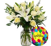 InterBloom | The Grace - Next Day Large White Lily and Rose Beautiful Fresh Flower Bouquet with a Congratulations Balloon