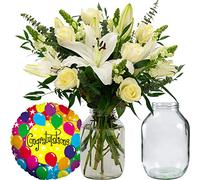 InterBloom | The Grace - Next Day Large White Lily and Rose Beautiful Fresh Flower Bouquet with a Congratulations Balloon and Pickle Jar Vase