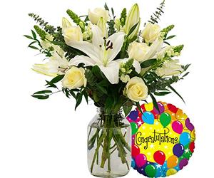 InterBloom | The Grace - Next Day Large White Lily and Rose Beautiful Fresh Flower Bouquet with a Congratulations Balloon