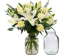 InterBloom | The Grace - Next Day Large White Lily and Rose Beautiful Fresh Flower Bouquet with a Pickle Jar Vase