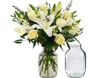 InterBloom | The Grace - Next Day Large White Lily and Rose Beautiful Fresh Flower Bouquet with a Pickle Jar Vase