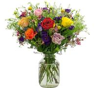 InterBloom | The One-Of-A-Kind - Next Day Large Beautiful Fresh Flower Bouquet with a Red Rose in the middle, Lisianthus, Waxflower, Craspedia and Green Bell