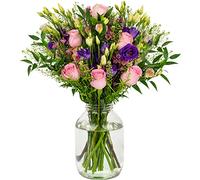 InterBloom | The Paradise - Next Day Large Beautiful Fresh Flower Bouquet with Pink Roses, Purple Lisianthus, Alstroemerias, Waxflower and Italian Ruscus