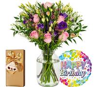 InterBloom | The Paradise - Next Day Large Rose and Lisianthus Beautiful Fresh Flower Bouquet with a Birthday Balloon and Hamlet Chocolates