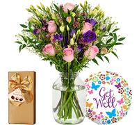 InterBloom | The Paradise - Next Day Large Rose and Lisianthus Beautiful Fresh Flower Bouquet with a Get Well Soon Balloon and Hamlet Chocolates