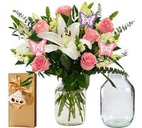 InterBloom | The Plush - Next Day Large Lily and Rose Fresh Flower Bouquet with a Hamlet Chocolates and Pickle Jar Vase