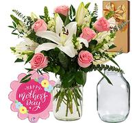 InterBloom | The Plush - Next Day Large Lily and Rose Fresh Flower Bouquet with a Mother's Day Balloon, Hamlet Chocolates and Pickle Jar Vase