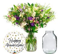 InterBloom | The Wild - Next Day Large Wildflower Inspired Beautiful Fresh Flower Bouquet with a Anniversary Balloon and Pickle Jar Vase