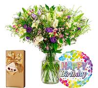 InterBloom | The Wild - Next Day Large Wildflower Inspired Beautiful Fresh Flower Bouquet with a Birthday Balloon and Hamlet Chocolates
