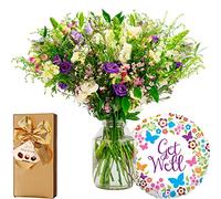 InterBloom | The Wild - Next Day Large Wildflower Inspired Beautiful Fresh Flower Bouquet with a Get Well Soon Balloon and Hamlet Chocolates