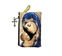 Intercession Hand-Woven, Lined Madonna and Child Rosary Pouch, Made in Turkey with Premium Metallic Thread (Blue - Small)