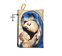 Intercession Hand-Woven, Lined Madonna and Child Rosary Pouch, Made in Turkey with Premium Metallic Thread (Blue - Large)