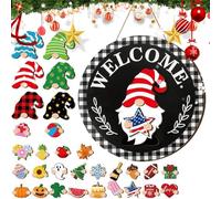 Interchangeable Garden Gnome Welcome Sign for Doors, Interchangeable Holiday Sign Made of Wood, Decoration for Classroom with Magnetic Parts and Removable Hats, for Christmas, Halloween, Season