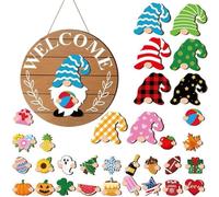 Interchangeable Garden Gnome Welcome Sign for Doors Interchangeable Wooden Decoration Festival Decoration with Magnetic Parts and Removable Hats Christmas Holidays Multipurpose Outdoor