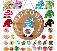 Interchangeable Garden Gnome Welcome Sign for Doors, Interchangeable Wooden Decoration, Season Decoration with Magnetic Pieces and Removable Hats, for Christmas, Halloween, Seasonal