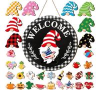 Interchangeable Garden Gnome Welcome Sign for Doors, Interchangeable Wooden Holiday Sign, Classroom Decoration with Magnetic Parts and Removable Hats, for Christmas, Halloween