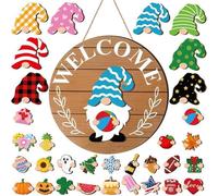 Interchangeable Gnome Welcome Sign for Door | Interchangeable Wooden Seasonal Sign | Classroom Decor with Magnet Pieces and Detachable Hats | for Garden Yard Porch Wall Outdoor Christmas Halloween